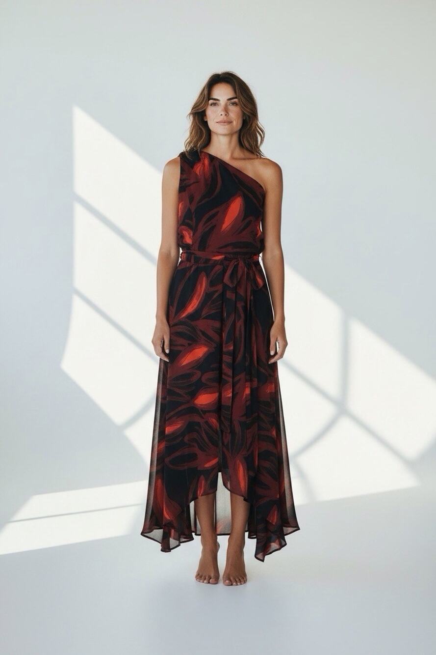 Vince Camuto Women Navy Floral One Shoulder Belted Flowy Midi Dress 12 Red